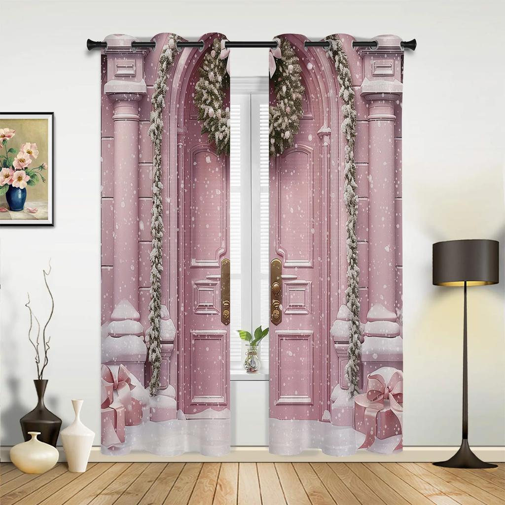 Christmas Snowman Snow Scene Pink House Window Curtains Decor For Home Bedroom Kitchen Living Room Ornament Xmas Gifts Navidad