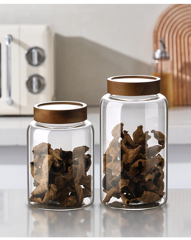 Large Glass Storage Jar with Acacia Wood Lid for Dried Tangerine Peel, Tea, Grains, and Pickling.