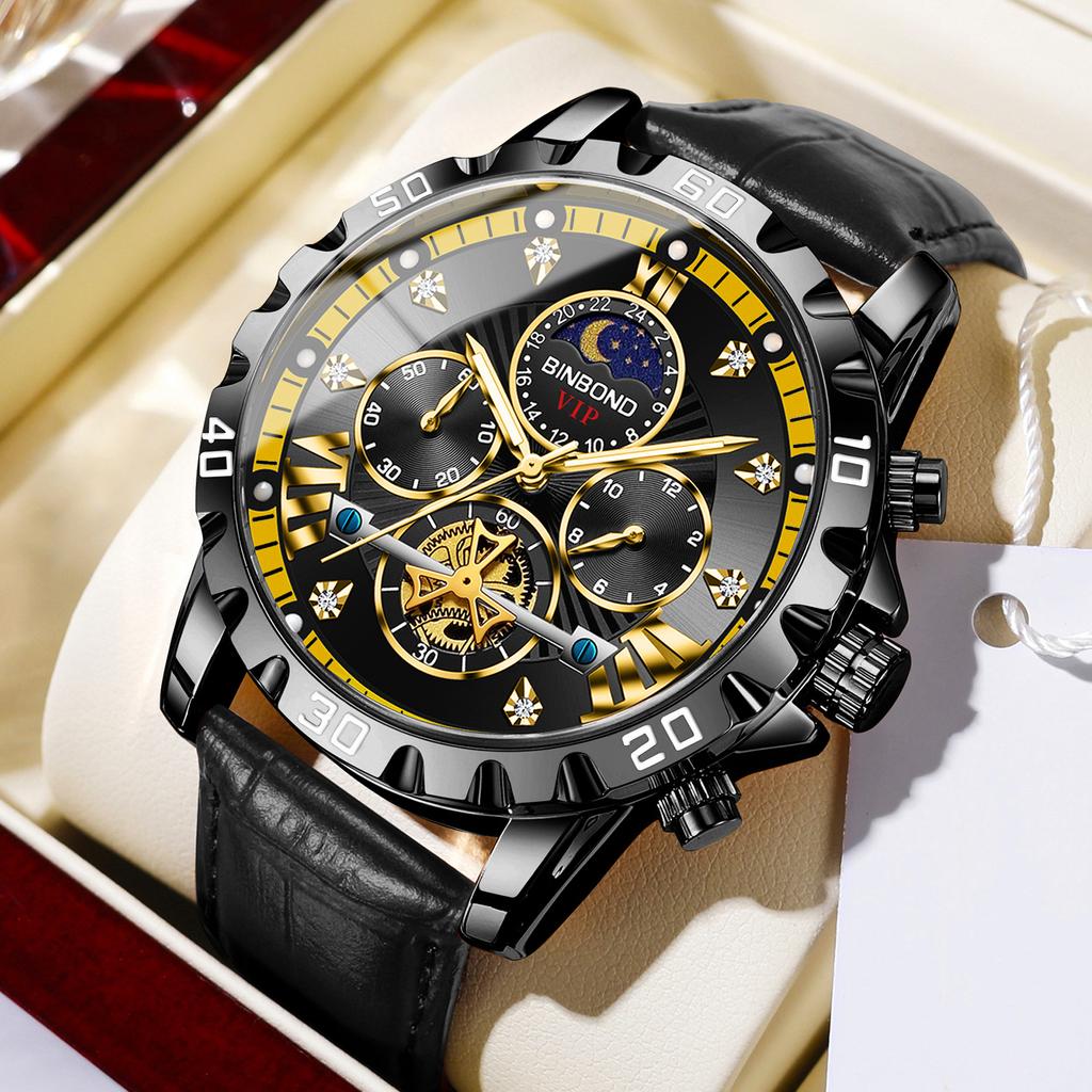 Men's Fashion Luminous Quartz Watch Three Eye Timing Moon Phase Dial Waterproof Multifunctional Fashionable Flywheel Watch