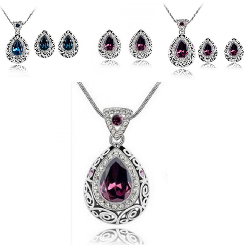 Fashion Women Purple Color Classic Genuine Pear Cut Pendant Necklace And Earring Set