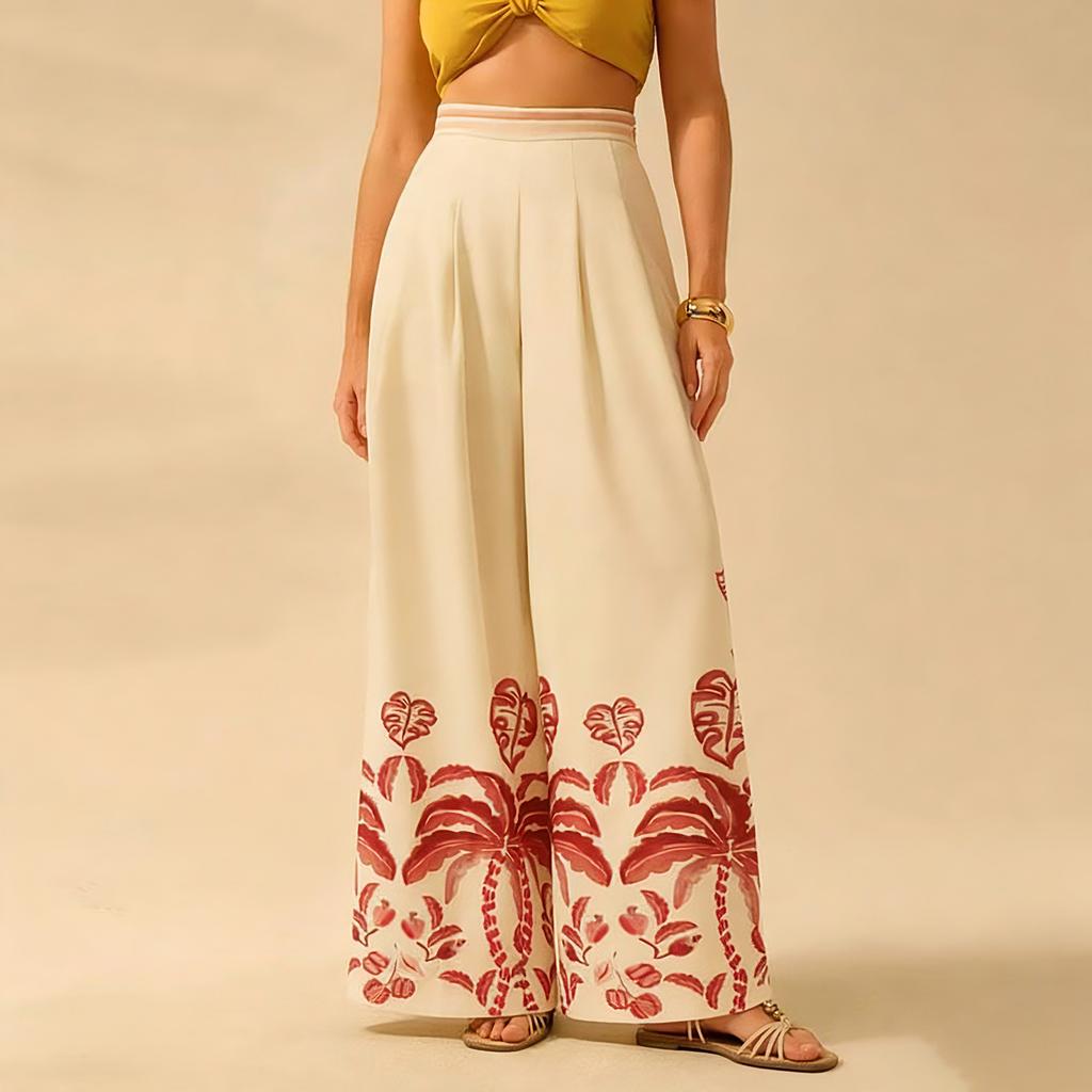 Ladies' Color Printed Casual Loose High Waisted Wide Leg Pants