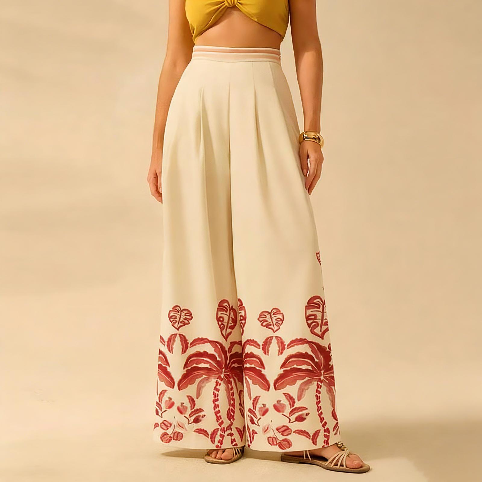 

Ladies Color Printed Casual Loose High Waisted Wide Leg Pants XL