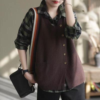 Fashion Solid Color Button Pockets Asymmetrical Vest Sweater Women's Clothing Autumn Loose All-match Casual Tops