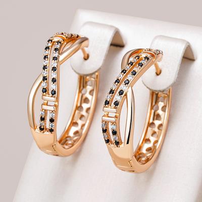 Unusual  Rose Gold Color Big Hoop Earrings Shiny Black With White Natural Zircon Accessories Women Daily Fine Jewelry