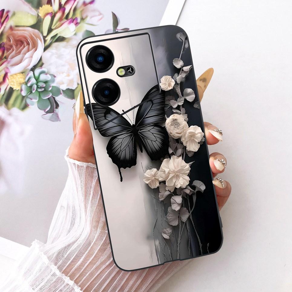 Luxus Blume Schmetterling Schleife Muster Hülle für Tecno Pova Neo Neo3 LE6 LH6n Rückseite Matt Weiches Silikon Handyhülle Stoßfest
