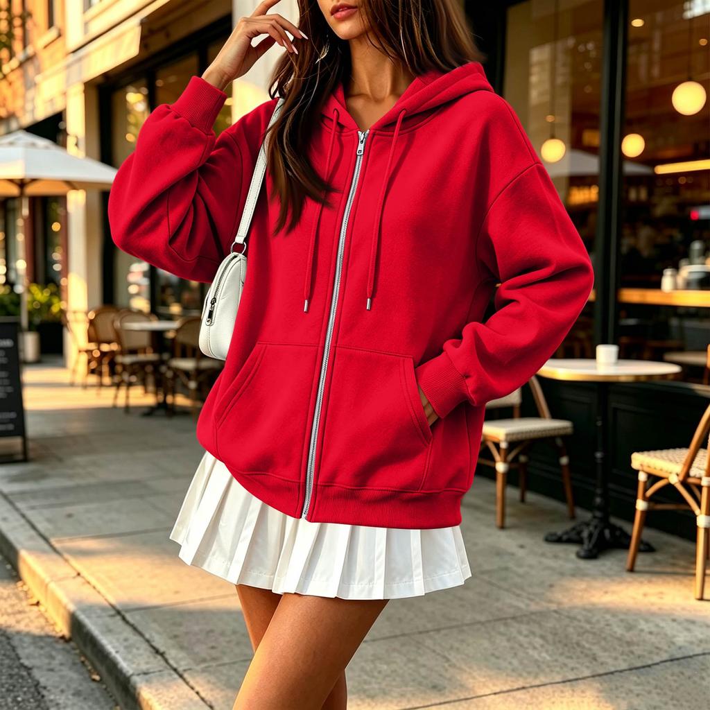 Women's Long Sleeve Color Hooded Loose Fit Zip-Up Jacket