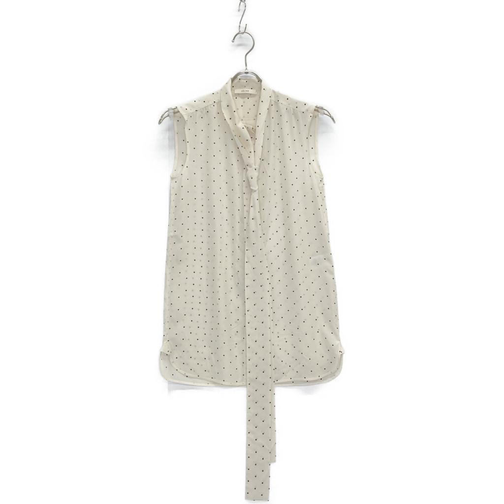 CELINE Phoebe Period 2 0W55/5963 White x Black Silk Dot Sleeveless Bowtie Blouse tops 34 whiteUsed