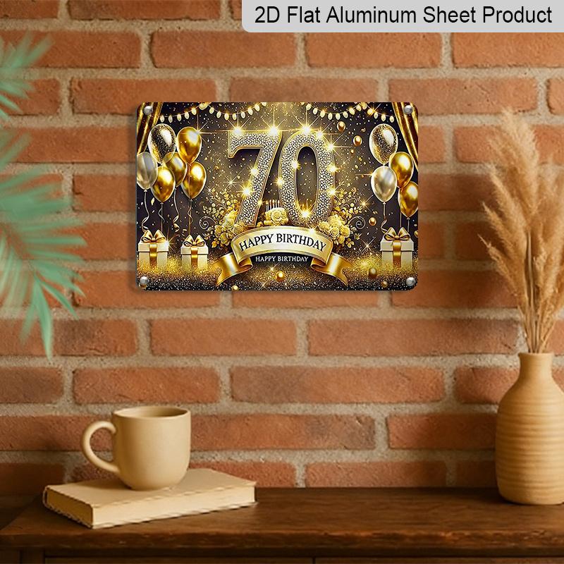 2D Flat, 1pc "70th Happy Birthday" Gold Glitter Aluminium Plaque Sign 12x8 Inch - Black & Gold 70th Birthday Balloon Design, Metal Wall Decor for
