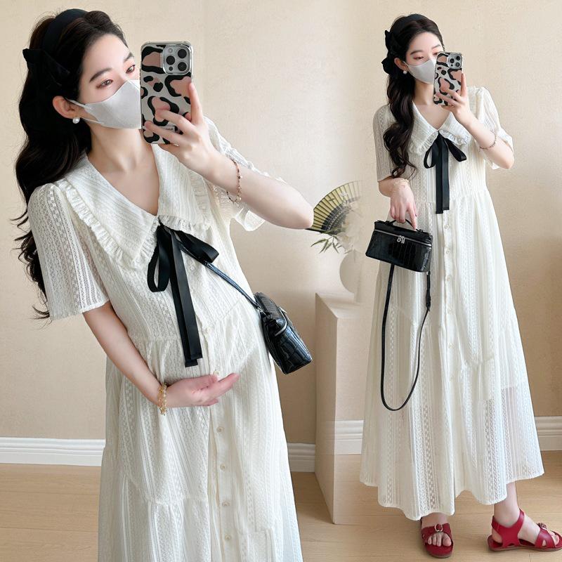 French Academy Style White Doll Collar Maternity Dress - Loose, Slimming, Age-Reducing, Long, Summer 2026