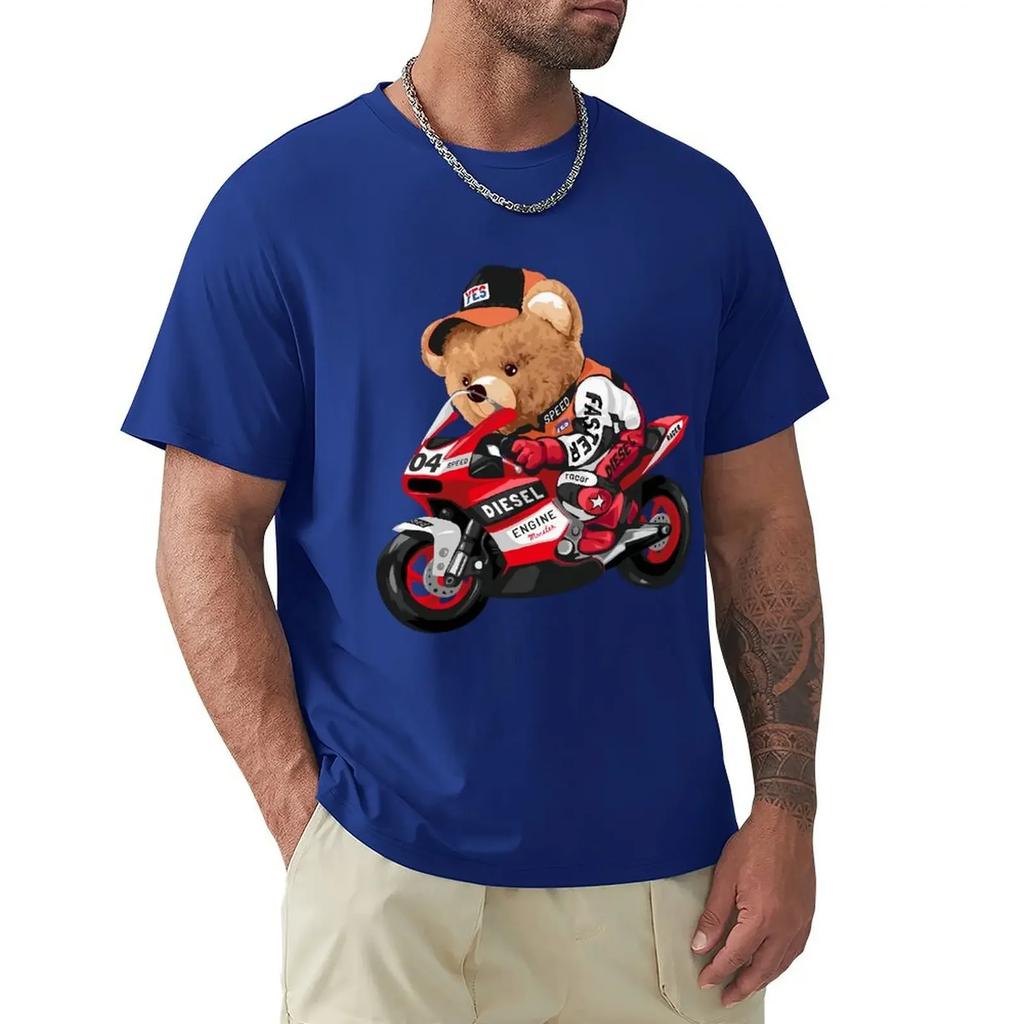 Cute Teddy Bear Riding Motorcycle T Shirt Harajuku Short Sleeve T-shirt 100% Cotton Graphics Tshirt Tops