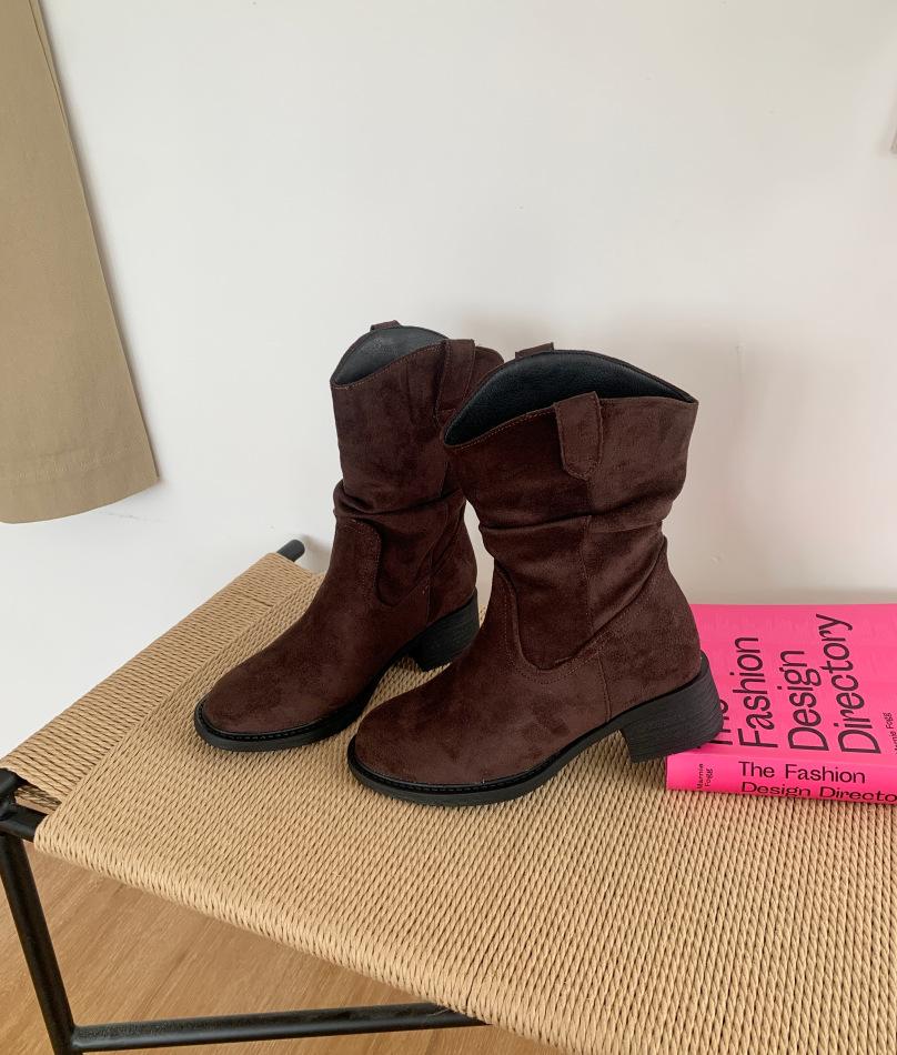 2025 autumn and winter new Maillard retro temperament thin suede western pile female knight boots