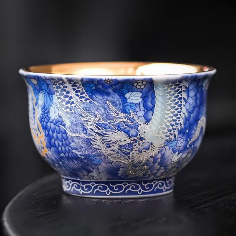 

China retro tea cup Longfeng Chengxiang high-grade gilded tea cup high-value couple wedding cup anti-scalding master cup tea cup 200ml синій