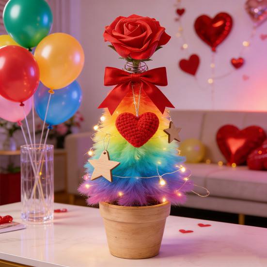 Alla hjärtans dag-trädknäppning Röd rosträdknäppning med spiraltrådbas Romantisk rosdekoration för miniträddekoration Högtidsfest Heminredning