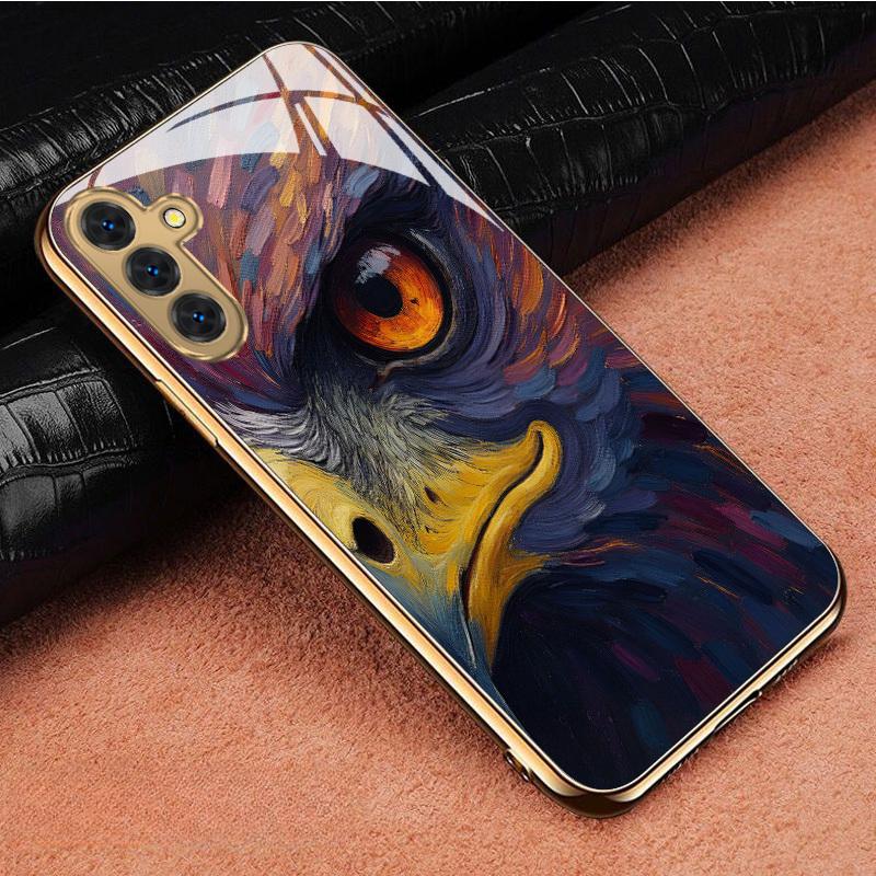 Gold-plated tempered glass phone case, compatible Galaxy S26 S25 S24 S23 S22 Ultra Plus. Features eagle-eye illustration design.