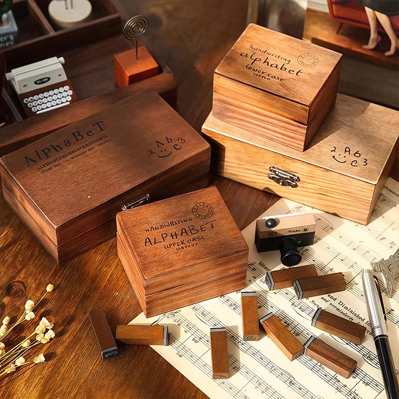 70 Pieces Creative Stationery Vintage Alphabet English Number Wooden Box DIY Hand Journal Decoration Stamp;
