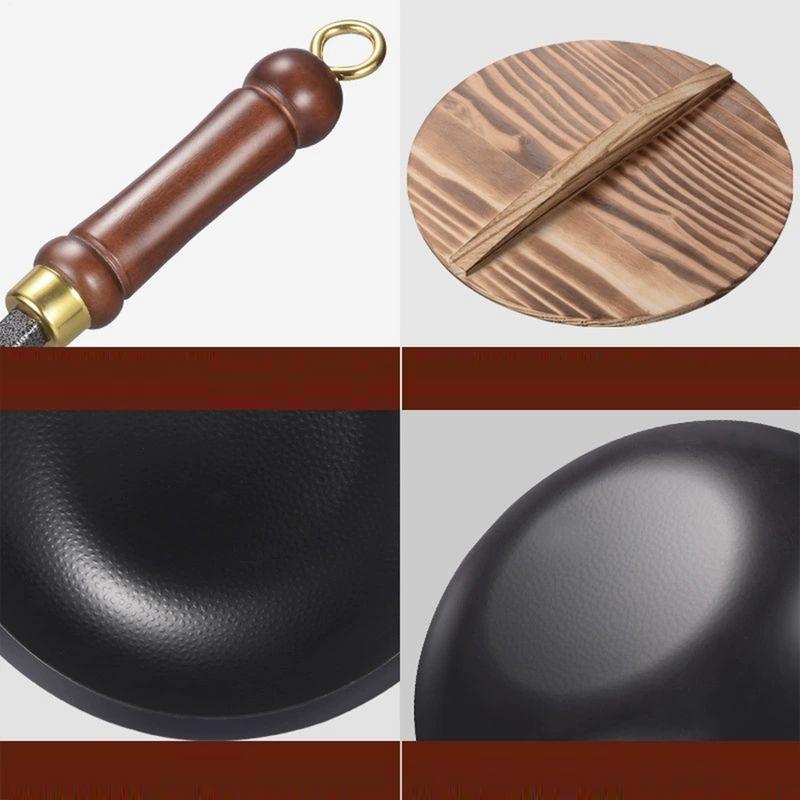 Wok Nonstick Traditional Iron Wok Ergonomic Uncoated Iron Pan With Lid For Home Outdoors Restaurant Camping Indoors