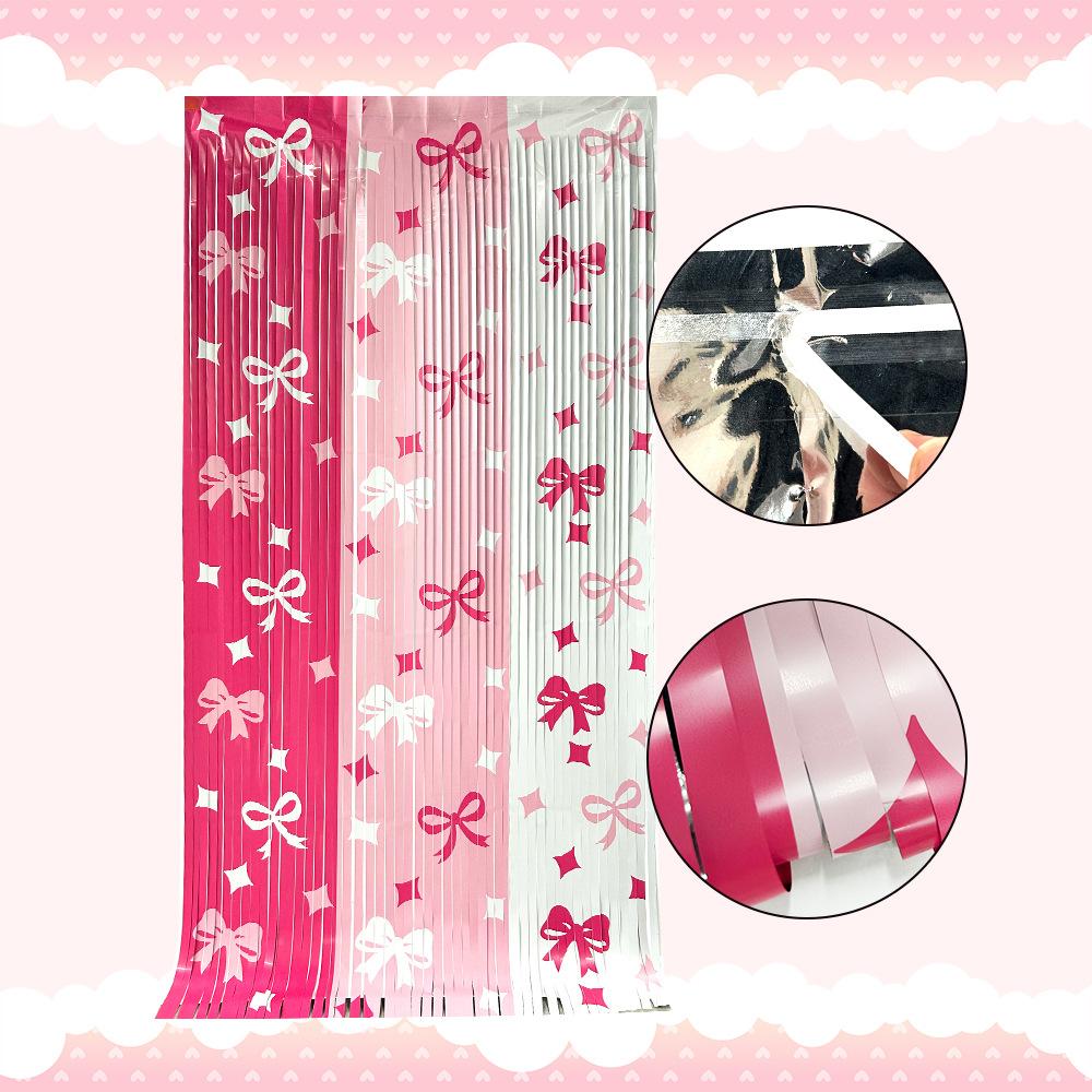 Pink Rain Silk with Butterfly Bow Curtain for Wedding Door Birthday Party Valentine's Day Rain Silk Curtain Photo Backdrop Decor