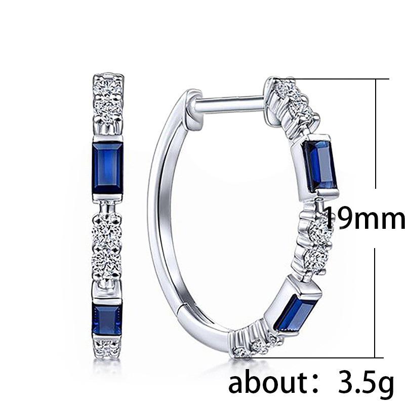 Silver Baguette Cut Sapphire Blue CZ Hoop Earrings Pave Clear Crystal Click Top Huggie Earrings Women Classic Jewelry