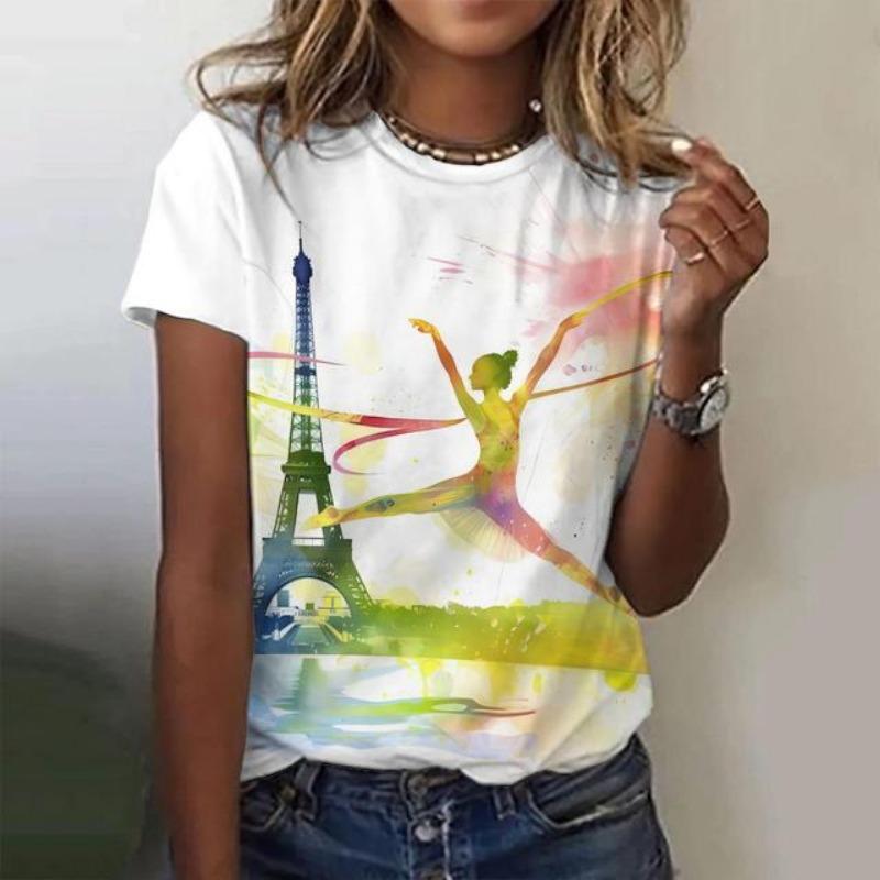 Koszulki damskie vintage z krótkim rękawem, topy z nadrukiem architektury Paryża, modne koszulki damskie, odzież damska oversize