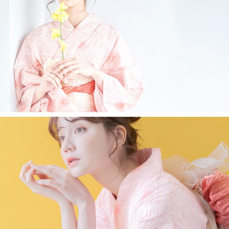 Yukata Heiko Obi Floral Simple Japanese Easy to Wear by One Person FREE (Dita) Women's 5-Piece Set (Sash), Pink, Orange, White, Pattern, Style,