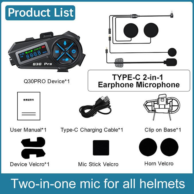 Motorcycle Bluetooth Intercom Q30 Pro 500M Wireless Helmet Communication System