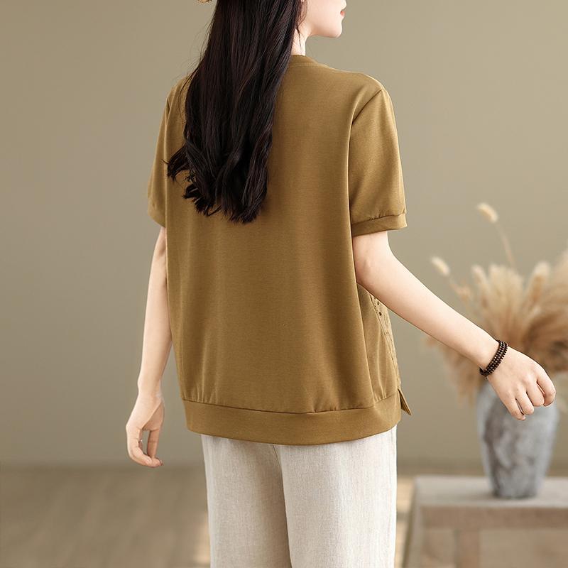 Dimanaf 2025 Summer Plus Size Tops Cotton T-Shirt Floral Hollow Women O-Neck Short Sleeve Loose Solid Tees