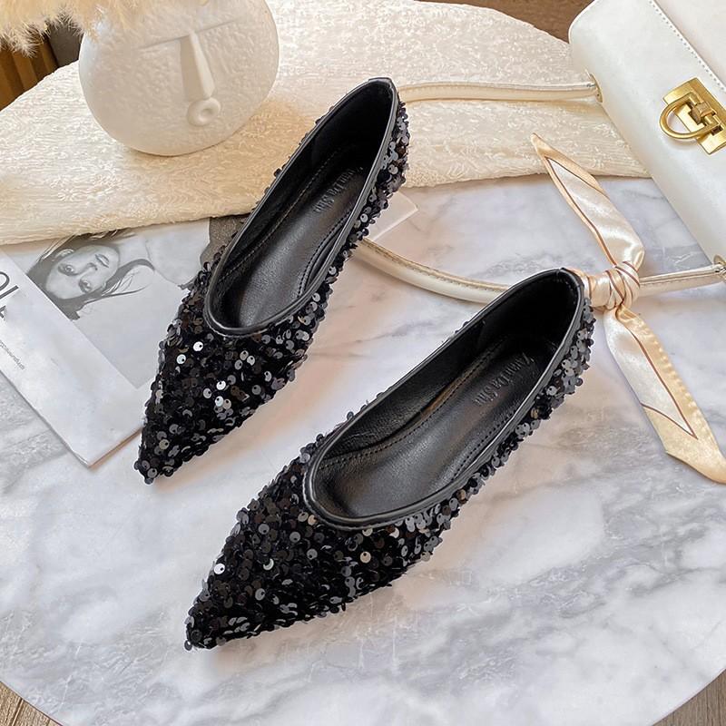 Women s Spring/Fall Pointed-Toe Flat Sequin Pumps, Light Color, Elegant, Plus Size, Soft Sole 35