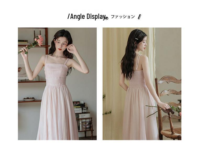Women's Pink Fairy Mori-Style Sleeveless Long Camisole Dress for Summer Beach Vacation
