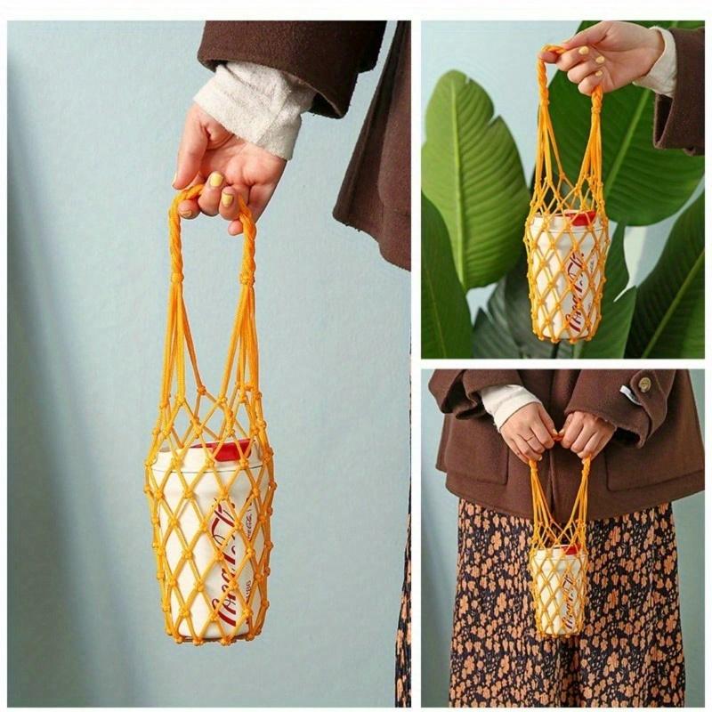 1pc Handmade Nylon Mesh Bag, Reusable Beverage Holder, Coffee Cup Holder, Portable Drink Carrier, Decorative Mesh Bag