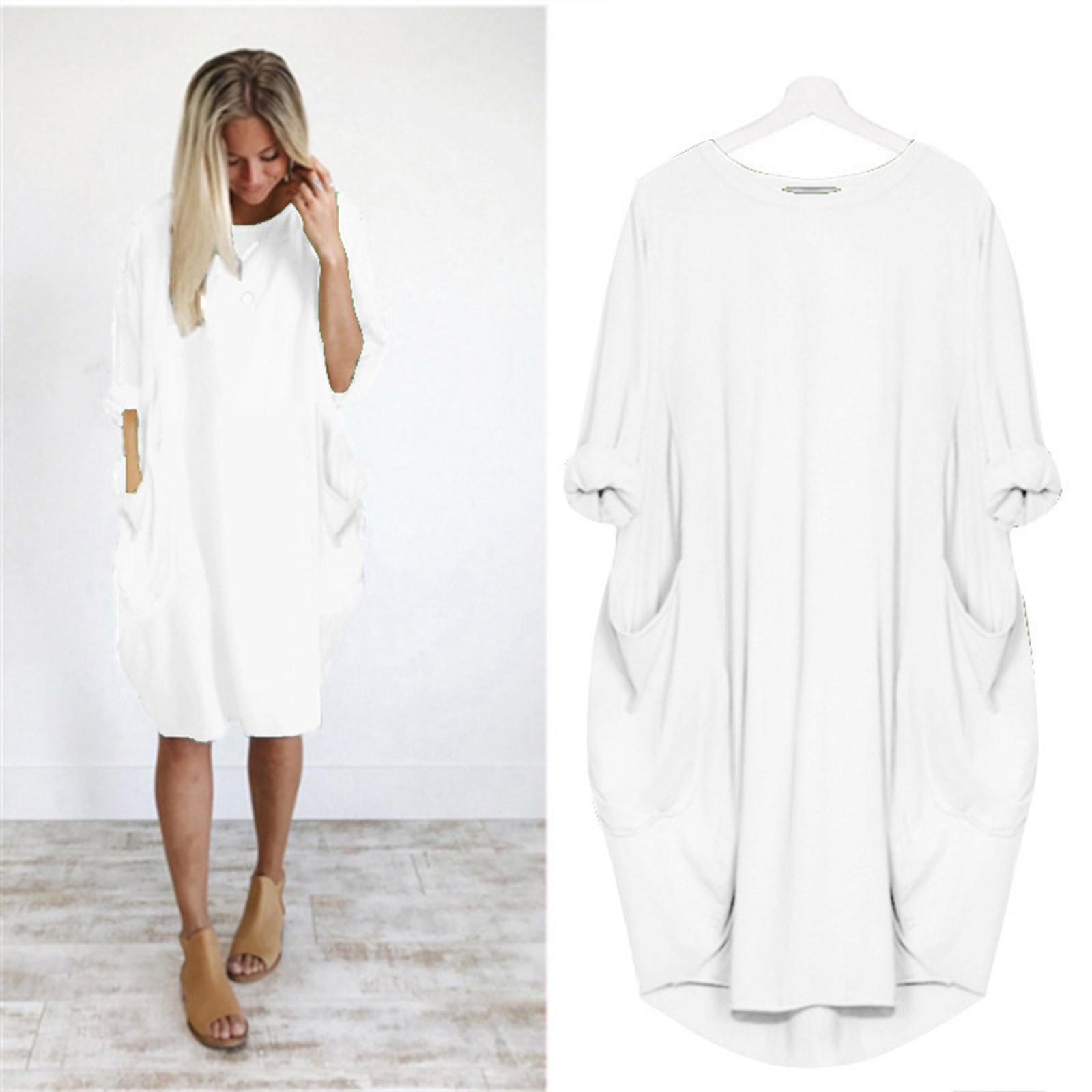 

Women s Fashion Casual Loose Pocket Long Sleeve Color Dresses L білий