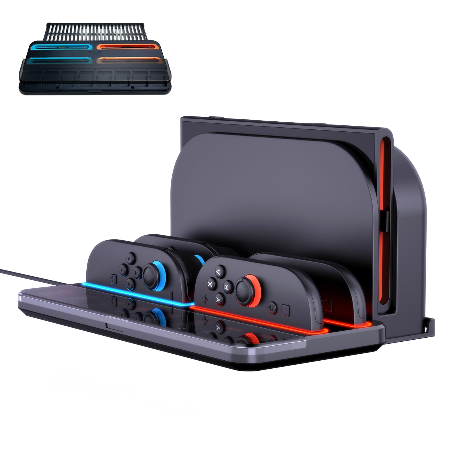 

Совместимая со Switch 2 эта зарядная подставка поддерживает до четырех одновременных зарядок вмещает до восьми игр и служит подставкой для хранения Switch чёрный