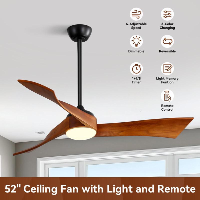 Sofucor Solid Wood  Ceiling Fan with LED Light, Remote Control, DC Power Supply, 132 cm, Timer, For Bedroom and Living Room