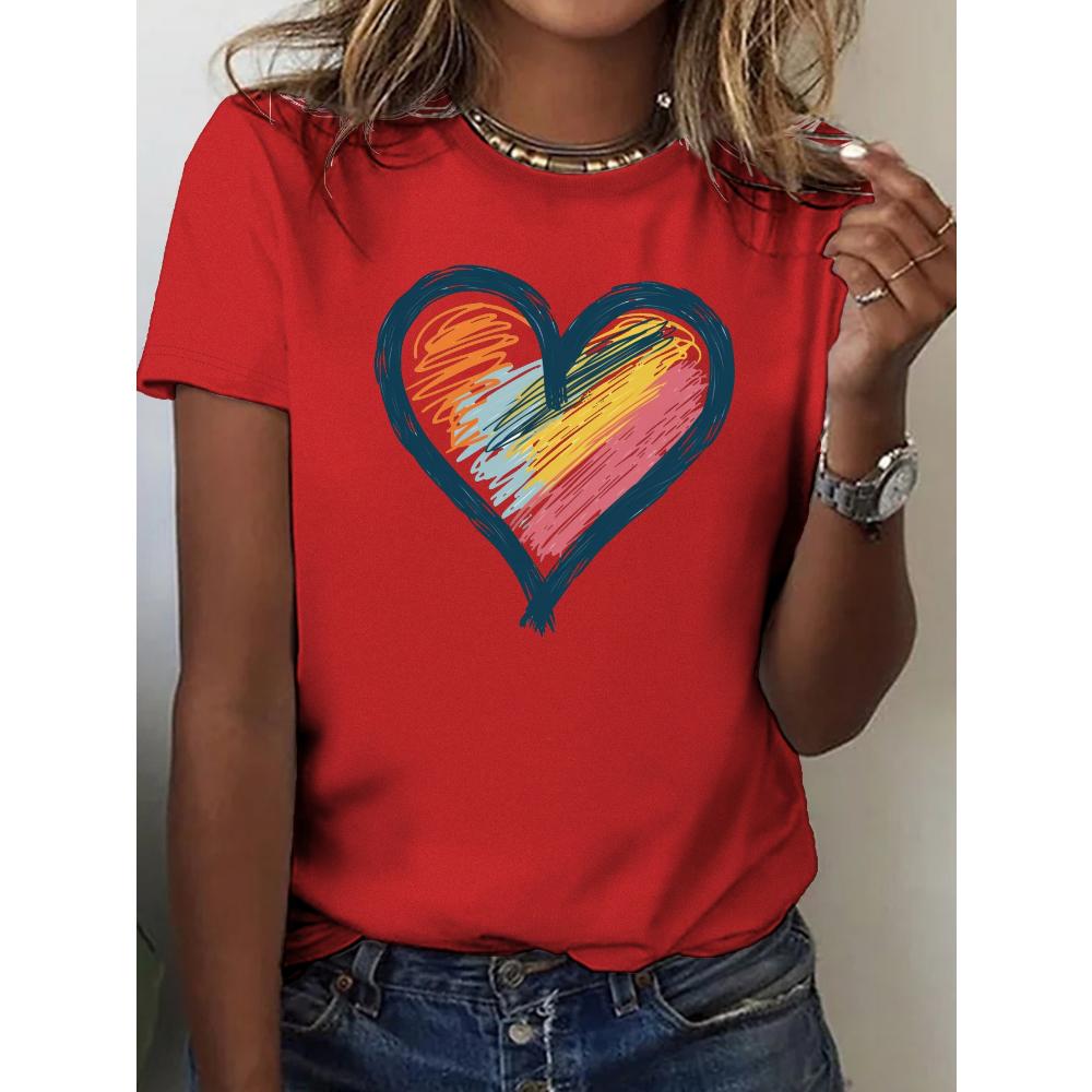 Ladies' Soft T-shirt with Bright Hand Painted Heart Shaped Design Comfortable Casual Fit Round Neck Summer Short Sleeved Shirt
