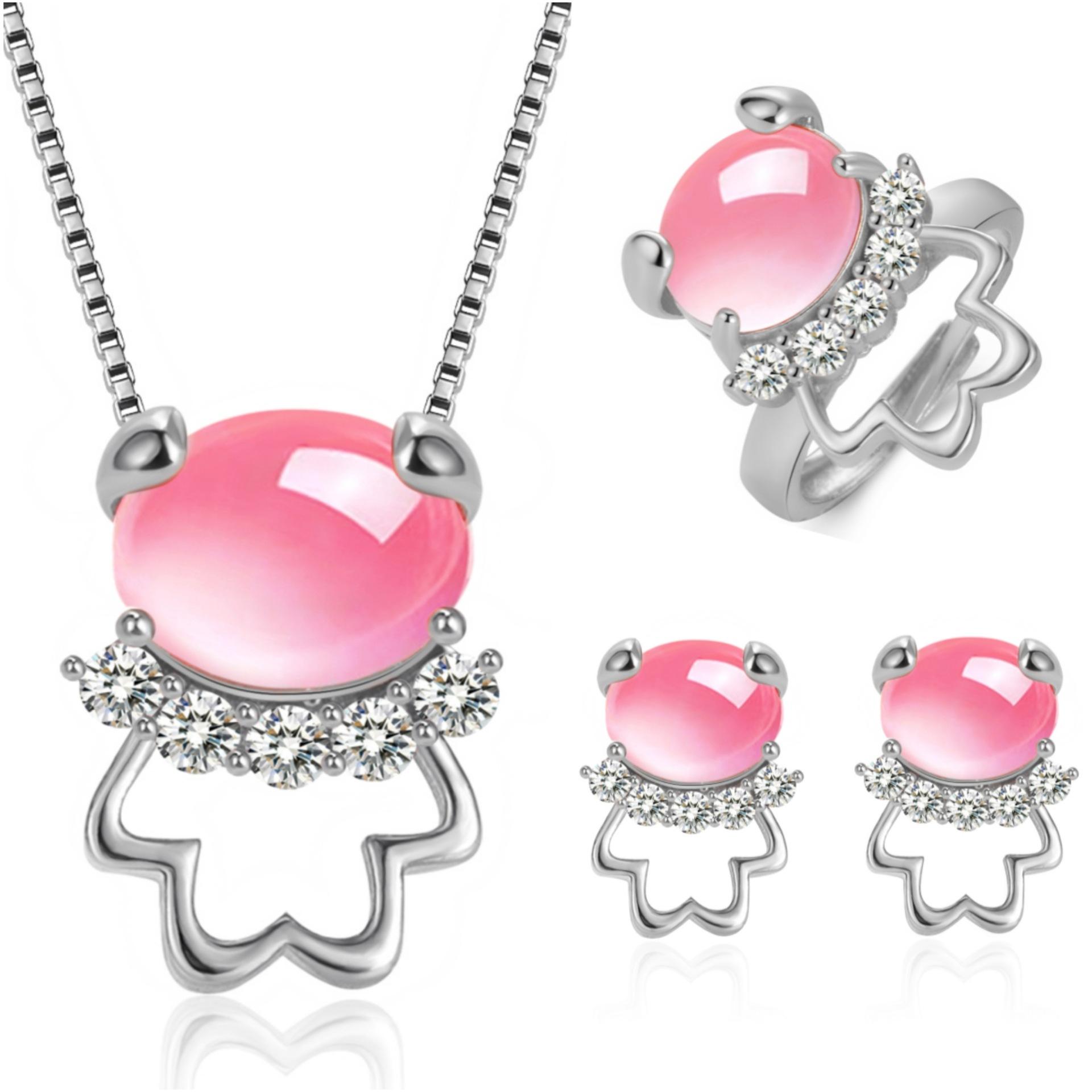 

Розовый кристалл медведь медведь держит кольцо серьги кулон ожерелье набор имитация камня гибискуса продвинутый сенсорный мультяшный медведь аксессуары