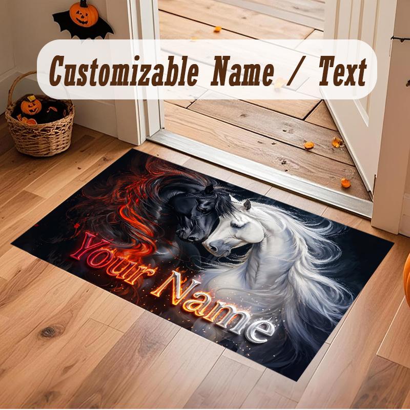 Horse Theme Soft Crystal Velvet Rug Custom Name & Text Print Non Slip Floor Rug for Bedroom Living Room