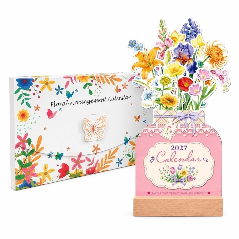 Wooden Base Monthly Planner Detachable Base Floral Desk Calendar  for Table Desk Decor