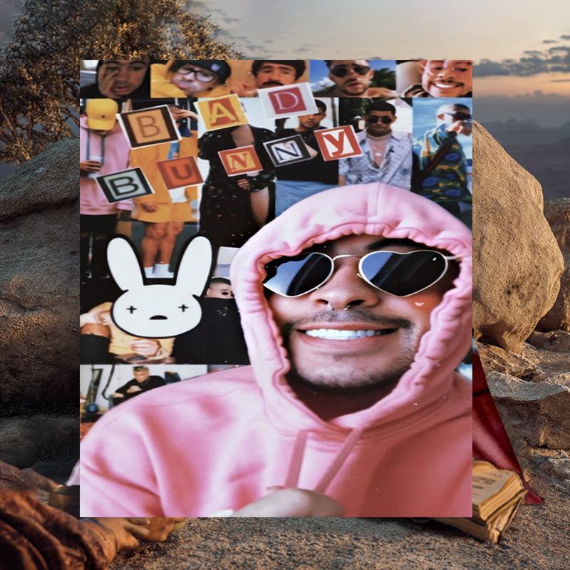 1 Stück Bad Bunny Collage Flanelldecke Geschenk, Geeignet für Männer und Frauen, Weich, Ideal für Betten und Sofa, Geburtstags- oder Weihnachtsgeschenk