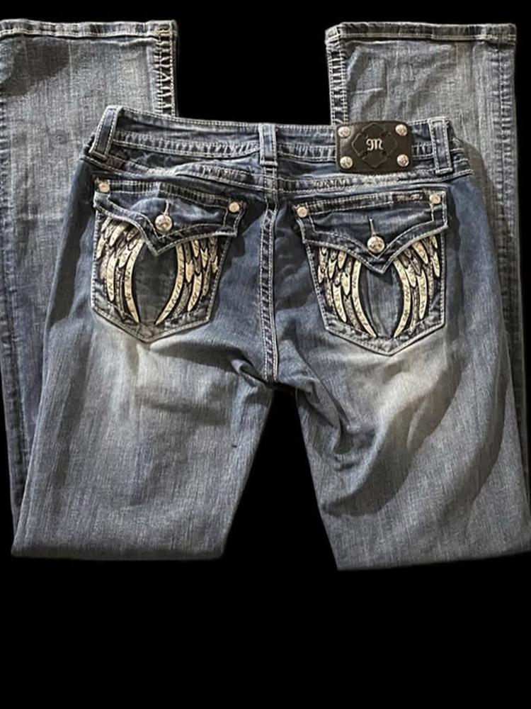 LUXEON Jeans a Zampa Sottile Retro Americano Donna Y2k Harajuku Gotico Vintage Tasca Ricamata Pantaloni in Denim Blu Vita Bassa Gamba Larga Pantalone