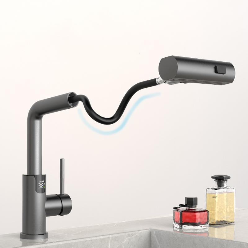 Waterfall Temperature Digital Display Basin Faucet Pull Out Stream Sprayer Hot Cold Water Sink Mixer Wash Tap For Bathroom