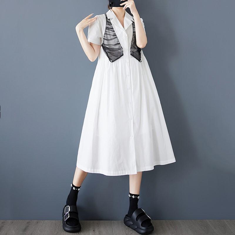 

Короткий рукав Плюс размер Хлопковая сетка винтажные новые платья для женщин повседневное свободное длинное летнее платье-рубашка белый