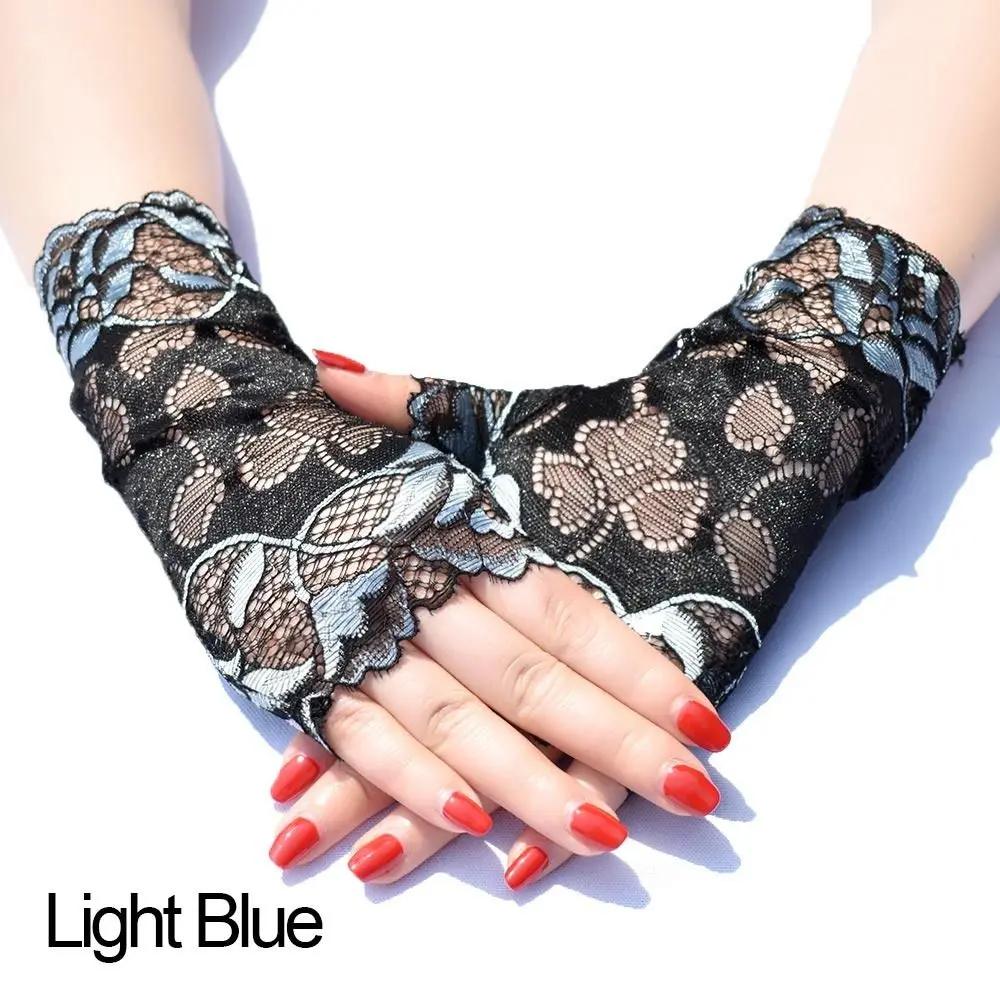 

Новые кружевные перчатки, женские солнцезащитные перчатки с половиной пальца, сексуальные эластичные ультратонкие перчатки для вождения, перчатки без пальцев с вышивкой, летние варежки светло-синий