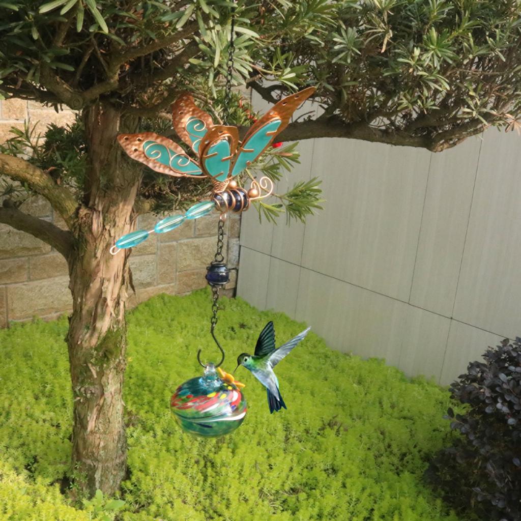 Outdoor Garden Hanging Dragon Fly Shape Single Painted Glass Ball Bird Feeder