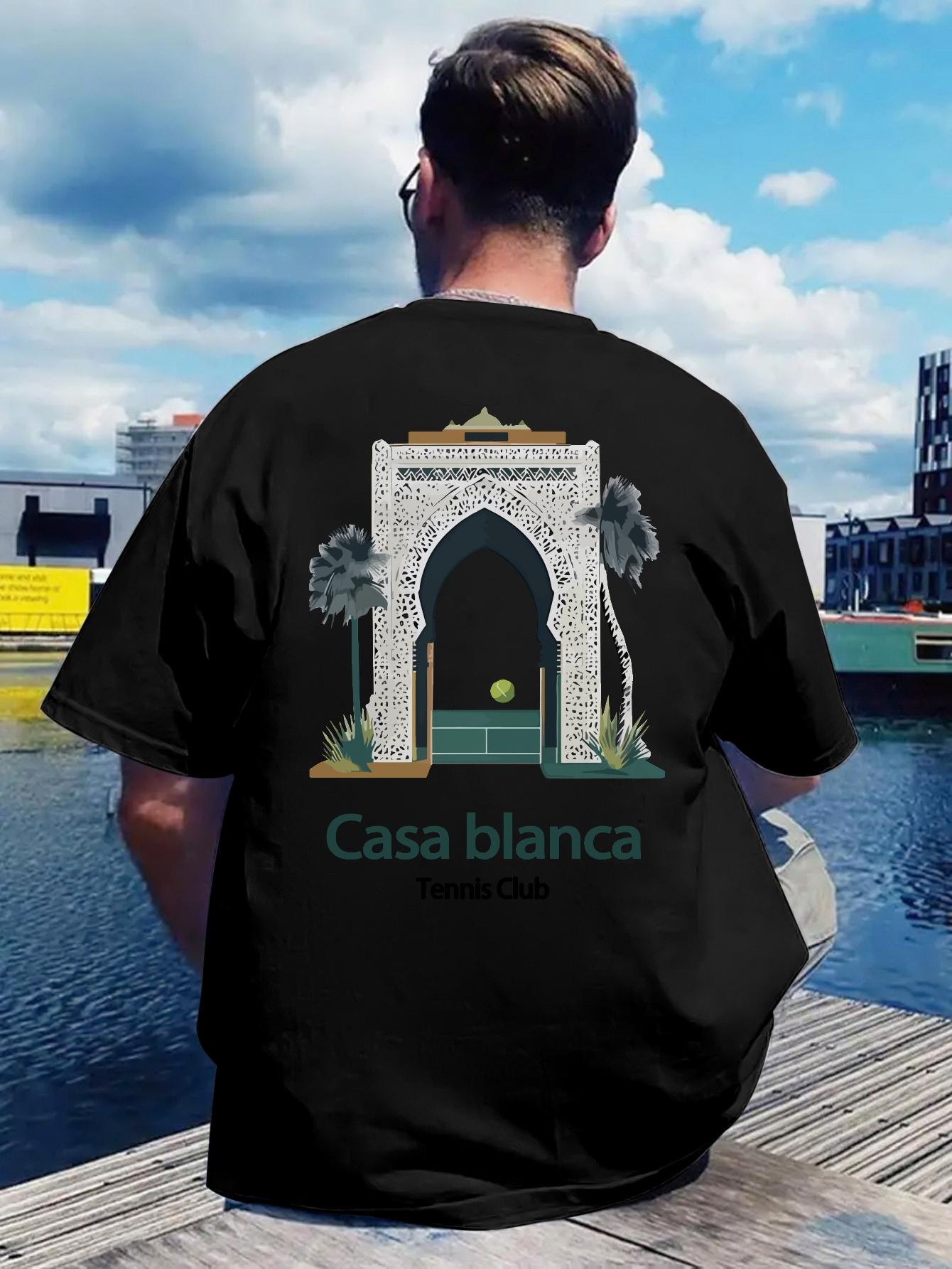 

White T-shirt - Back Print Spanish Casa Blanca Tennis Club Design - Lightweight Breathable Polyester Shirt for Beach Vacations M
