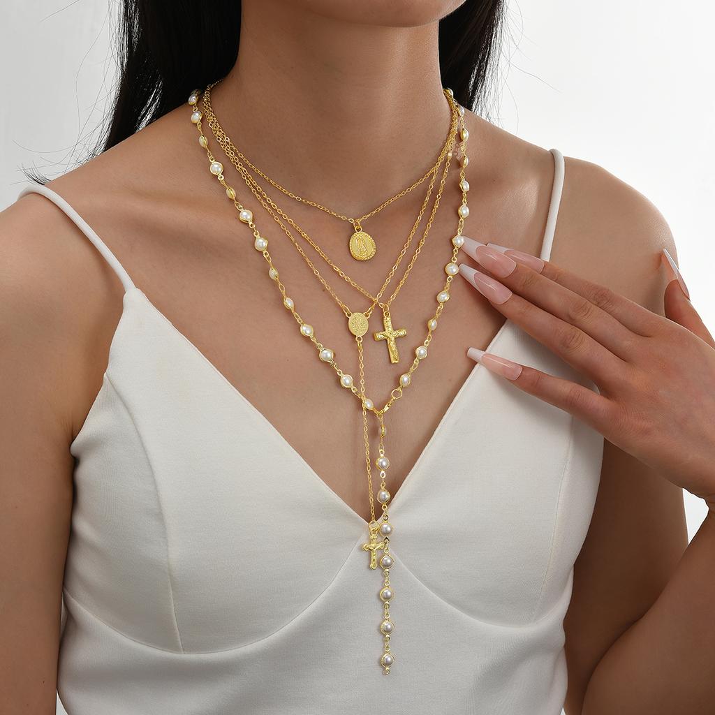 17KM 4-Piece Cross Pendant Figure Necklace Set Adjustable Bohemian Style Fashion Jewelry For Women Daily Wear Party Gift