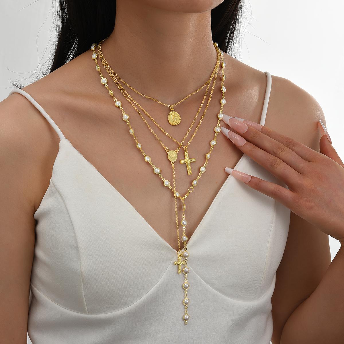 

17KM 4-Piece Cross Pendant Figure Necklace Set Adjustable Bohemian Style Fashion Jewelry For Women Daily Wear Party Gift