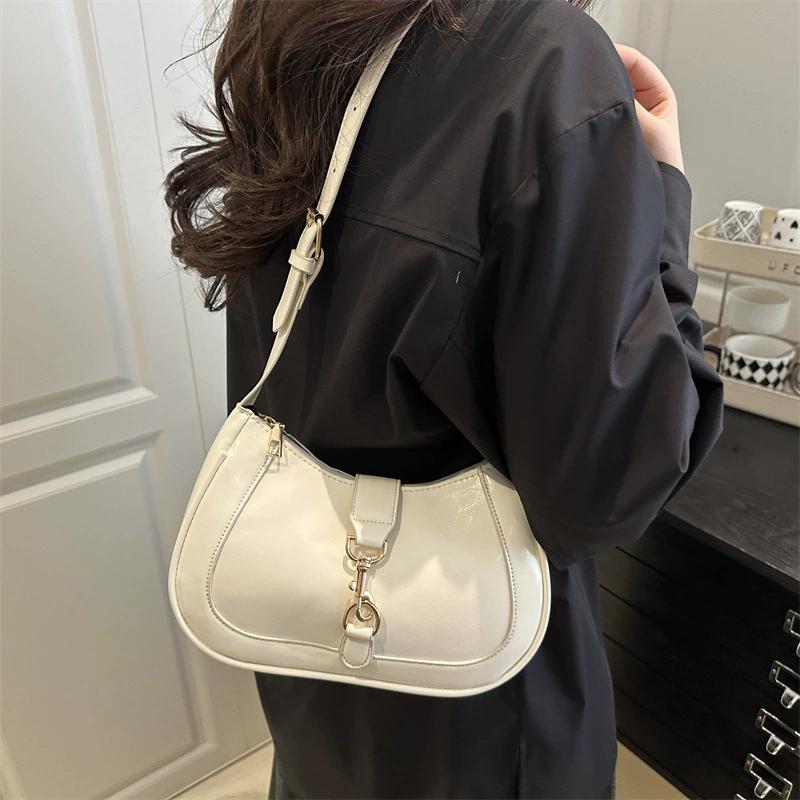 Retro Minimalist Hook Decor Underarm Bag, Y2K Half-Moon Shoulder Bag with Adjustable Strap