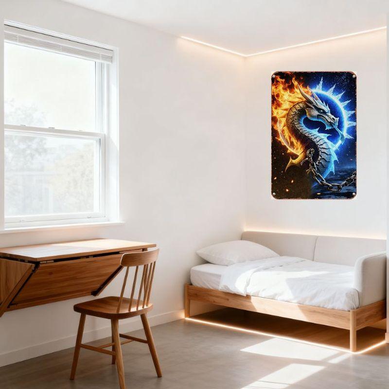 Mityczny Dwukolorowy Smok z Ognistymi Płomieniami Metalowy Znak Blaszany, Zwinięty Wokół Świecącego Niebieskiego Portalu, Tło Ciemnego Gwiezdnego Nieba z Żarzącymi się Węglikami,