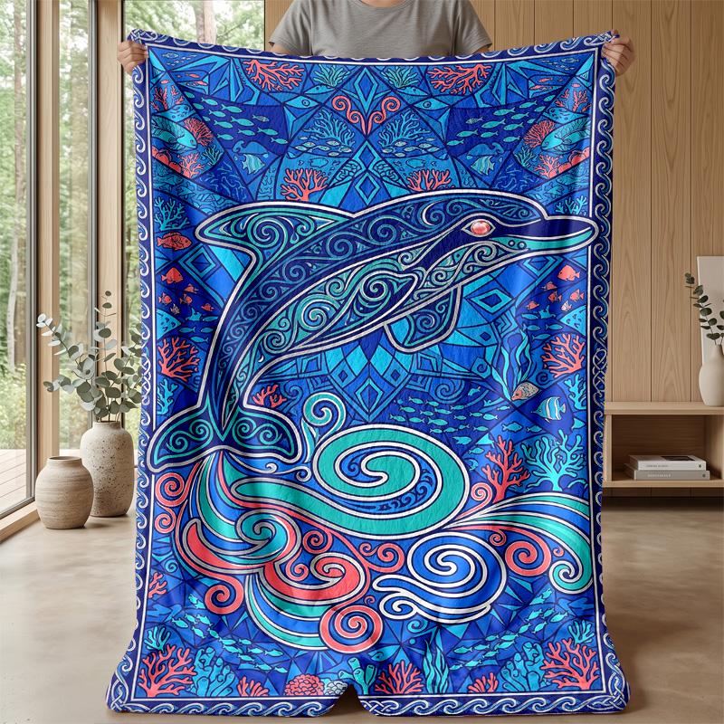 Ocean Love Dolphins Theme Blanket Lightweight Warm Flannel Blanket Decorative Throw Blanket for Home Decoration