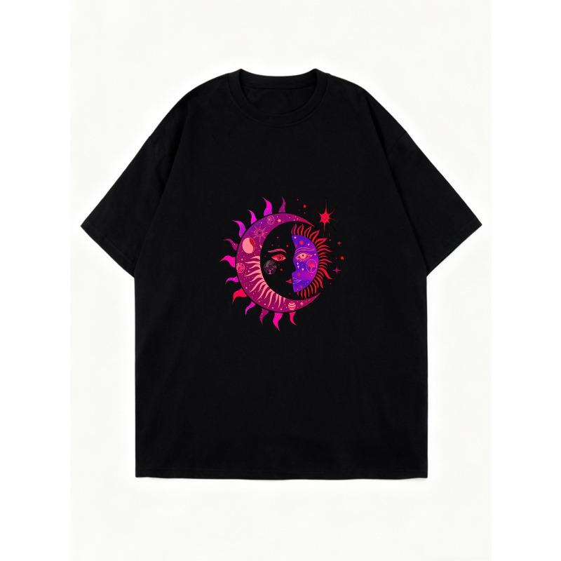 Oversized T Shirt Black Moon And Sun Face Print For Casual Wear
