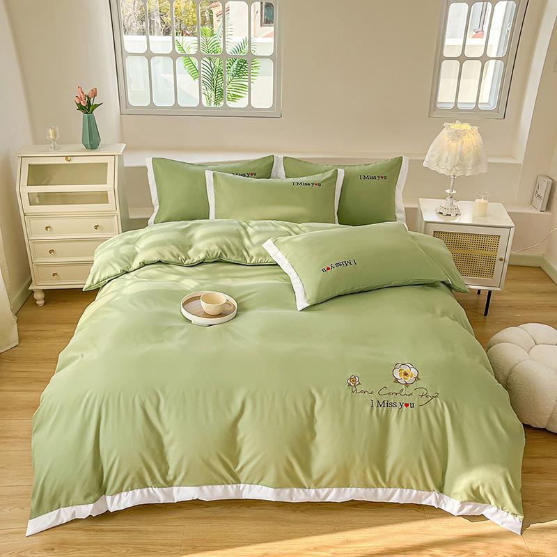Ins Korean Version of Washed Cotton Bedding Four-piece Set Bed Sheet Quilt Cover Embroidery Dormitory Bedding Three-piece Set